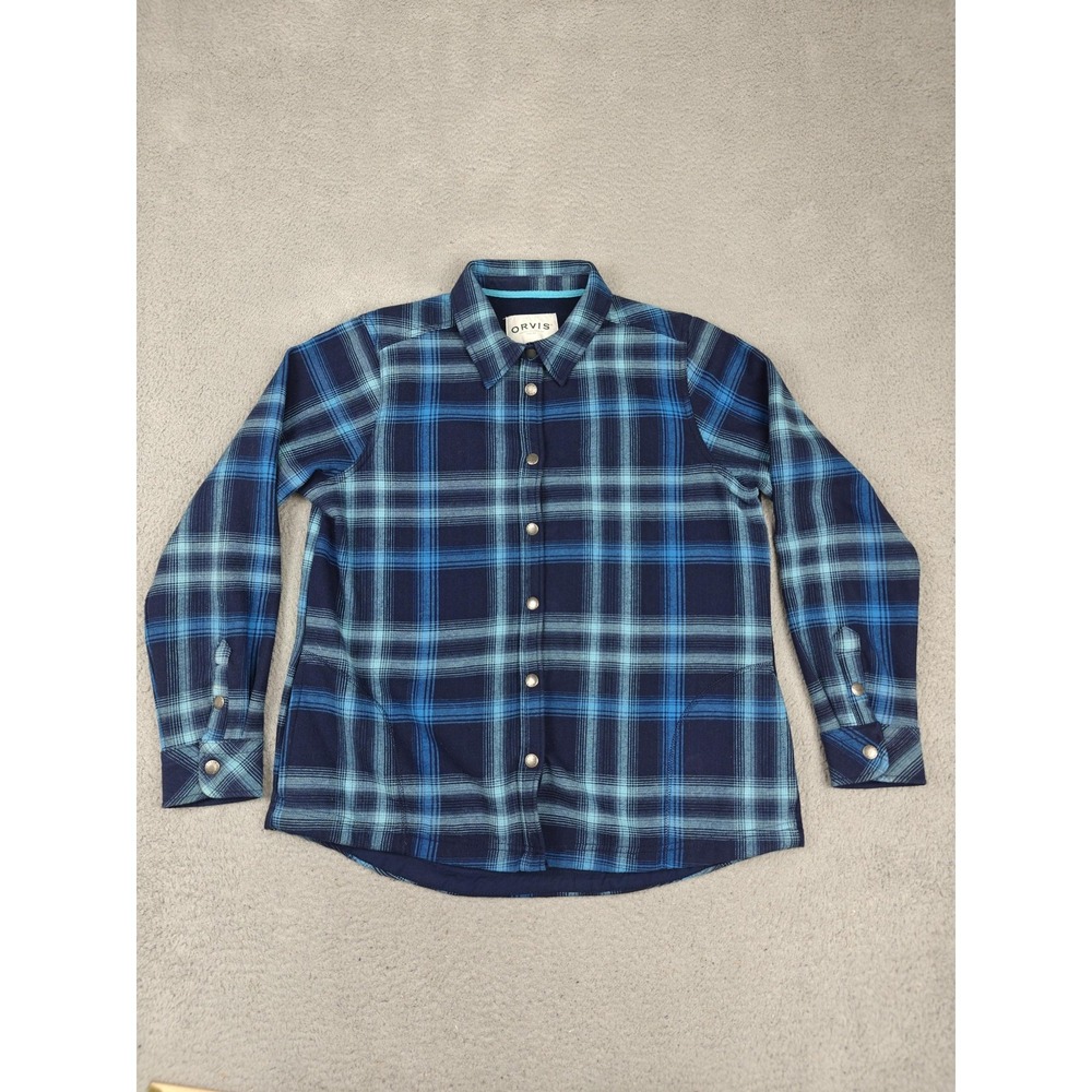 Orvis Jacket Mens Large Blue Plaid Fleece Lined Snap Front Shacket Outdoor‎